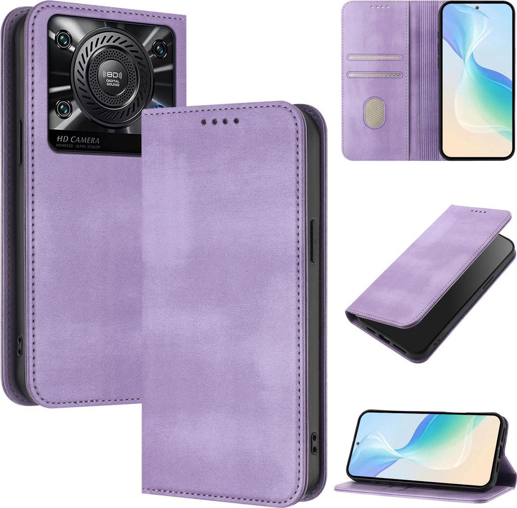 Handyhülle für Oukitel C60, Vintage Leder RFID Schutz Kartenfach Standfunktion Magnetische Klapphülle Violett