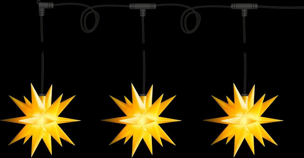 Sterntaler Sternenkette | Weihnachtsstern Kette | 3 Sterne | 18 Zacker | 12cm | Außen | LED | Batterie | mit Timer & Fernbedienung, Farbe:gelb