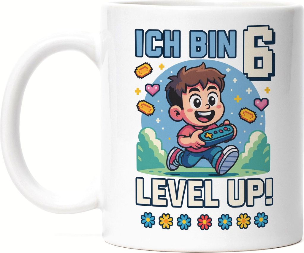 Ich bin 6 Level Up Tasse Weiß Geschenkidee Kindergeburtstag Gamer Junge Mädchen 6 Jahre