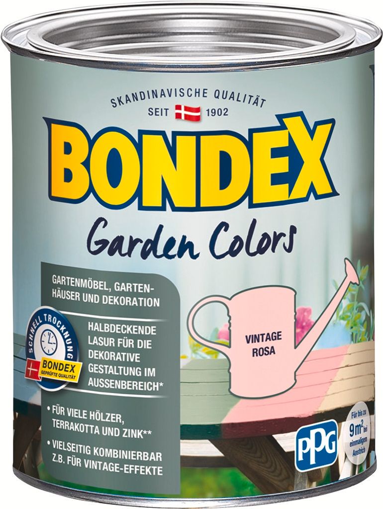 A can of Bondex Garden Colors paint with a label showing a pink watering can and garden furniture.