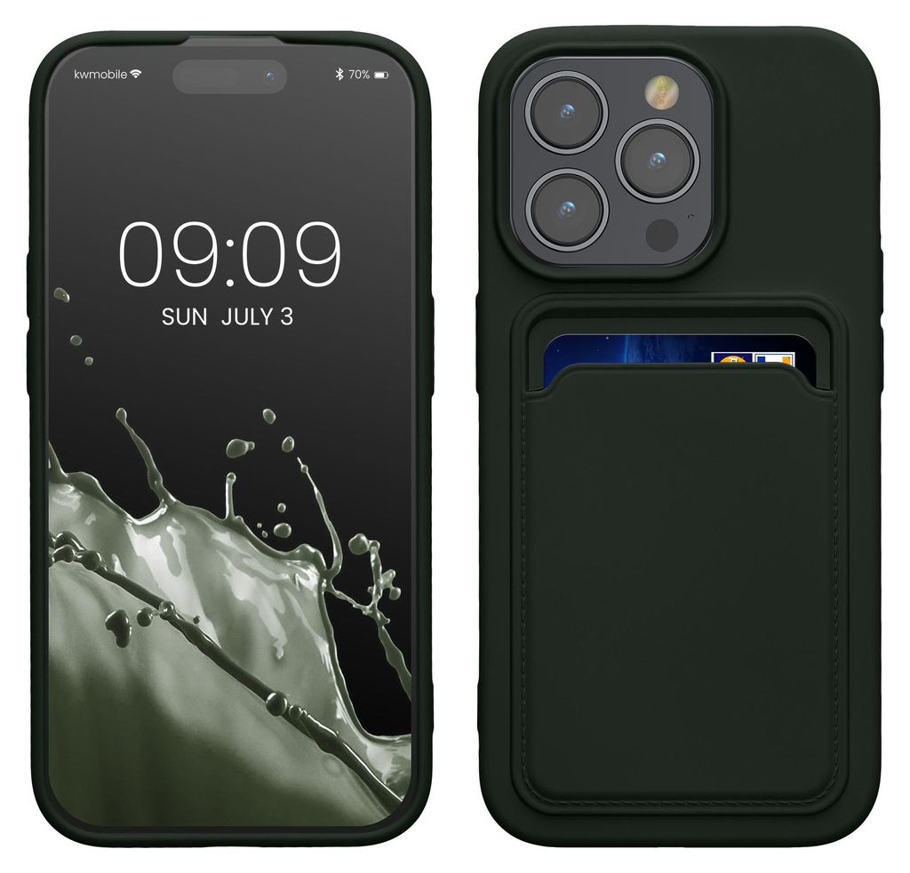 kwmobile Handyhülle für Apple iPhone 15 Pro Hülle mit Kartenfach - TPU Case - Kabelloses Laden - Schutzhülle Cover in Dunkelgrün