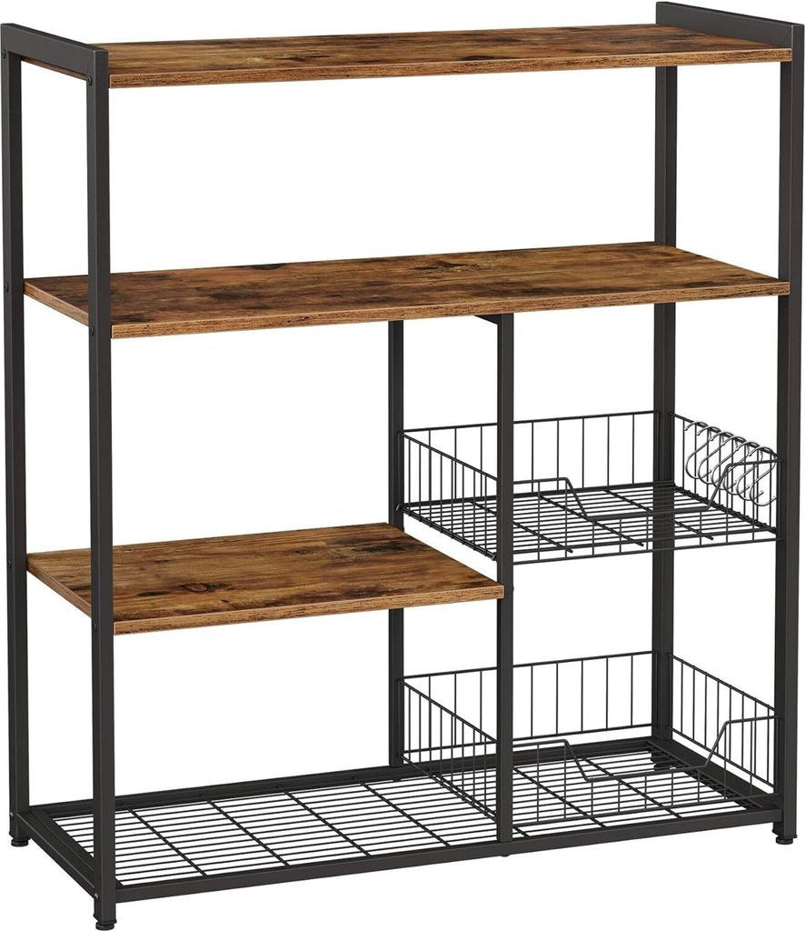 VASAGLE Küchenregal, Standregal mit 2 Metallkörben, Bäckerregal mit Haken und Ablagen, Mikrowellenregal, 80 x 35 x 95 cm, Industriedesign, Vintage