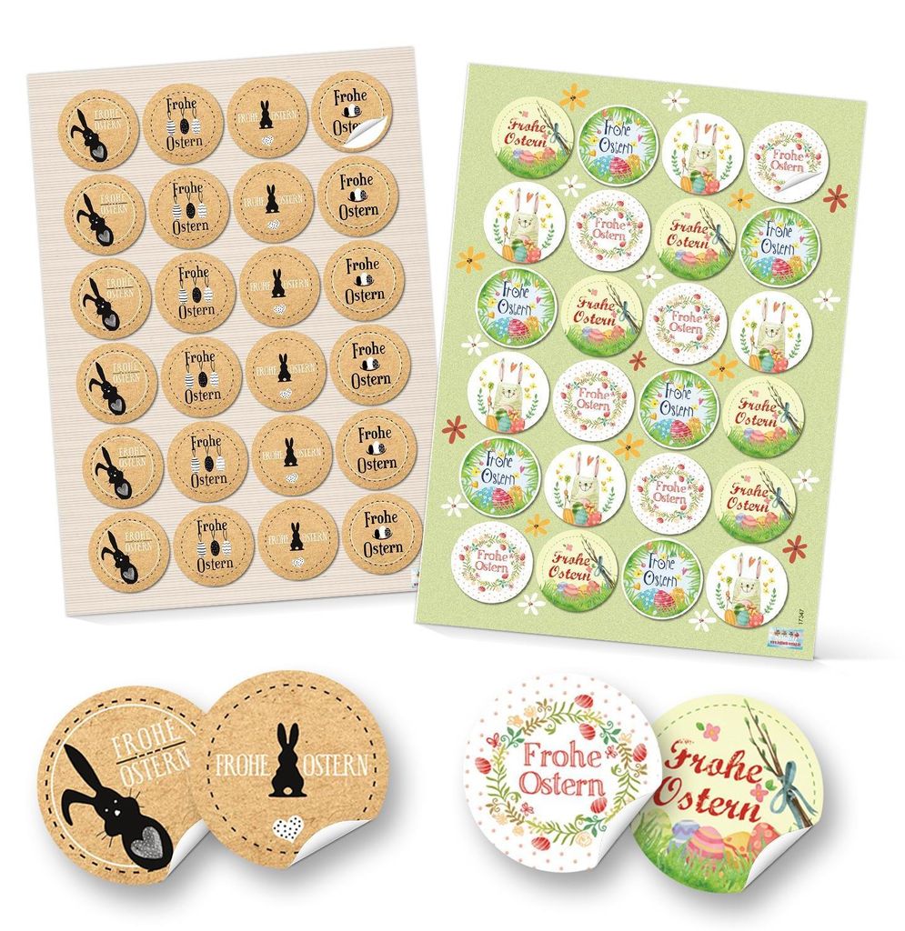 SET 96 Frohe Ostern Aufkleber Osterhase Osterdeko bunt Osteretiketten rund Verpackung Kindergeschenke Geschenke Give-Away grün gelb pink beige