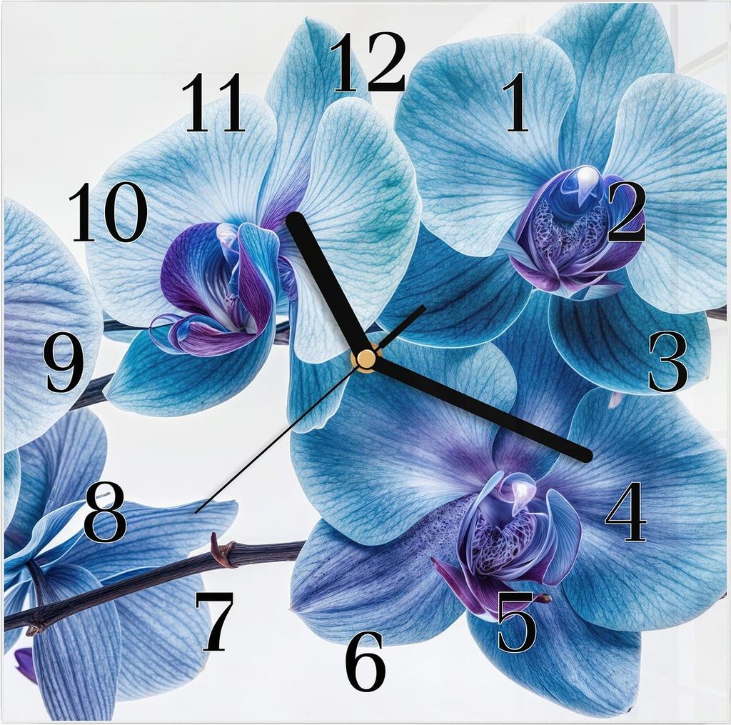 Wanduhr aus Glas mit Motiv Blaue Orchideen Blüte- 30 x 30 cm - inkl. Aufhängesystem
