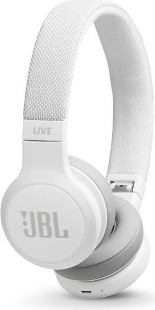A studio shot of white JBL headphones.