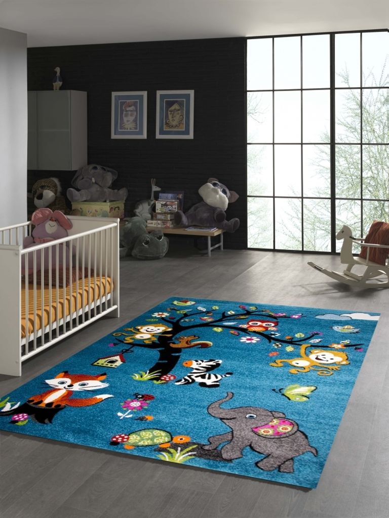 Kinderzimmer Teppich Zootiere in blau Größe - 120 x 170 cm