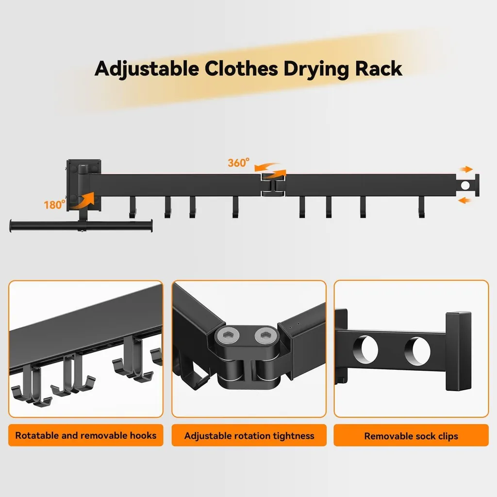Étendoir à linge mural repliable noir : porte-linge suspendu discret