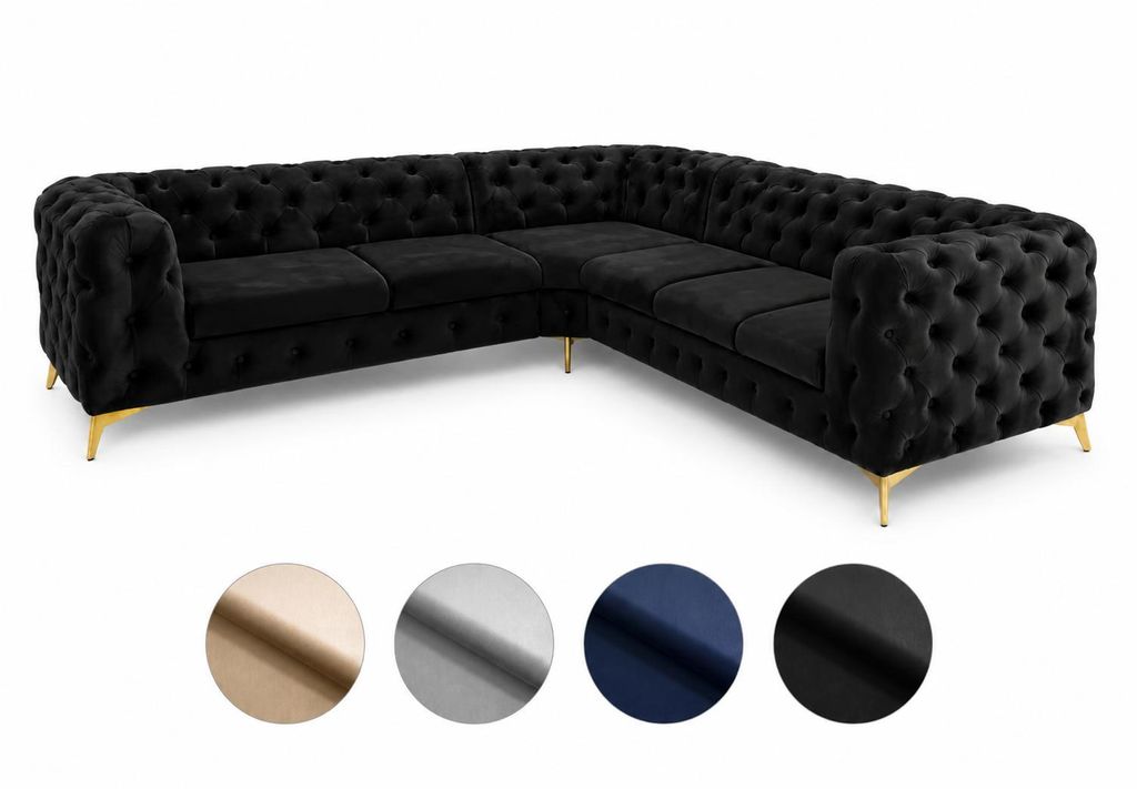 Ecksofa Moet L-Form schwarz 262x323 cm groß – Wohnlandschaft modern, gesteppt, Bonellfederkern, frei stellbar