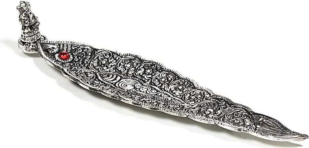 Räucher Set Räucherstäbchenhalter Ganesha Blatt silberfarb -- 22x5.5x4 cm + Kerz