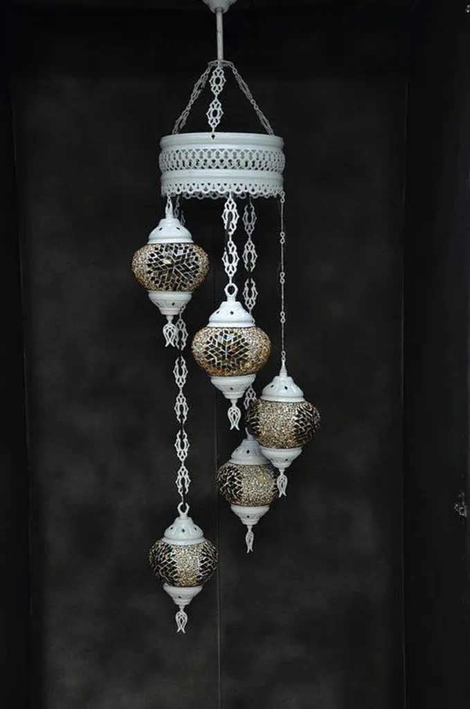 Plafonnier oriental marocain mosaïque 5 globes - Suspension verre brun