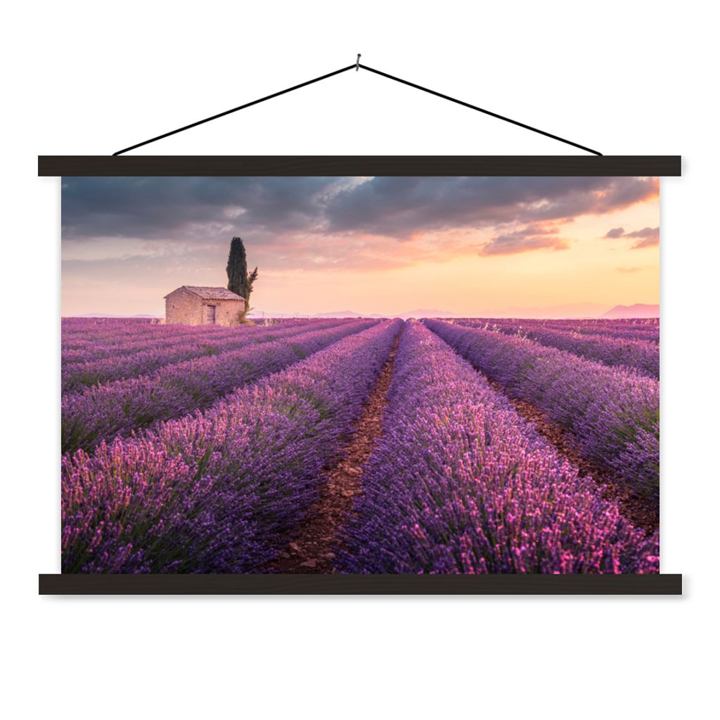 MuchoWow Textilposter Lavendel - Blumen - Lila - Feld 120x80 cm mit schwarzem Rahmen - Wanddeko