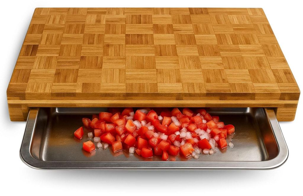 Schneidebrett aus Holz mit Abtropfschale – Großes, hochwertiges Bambus-Schneidebrett – Frankfurter-Brett – (40 x 30 x 6 cm) Holzbrett mit Ab...