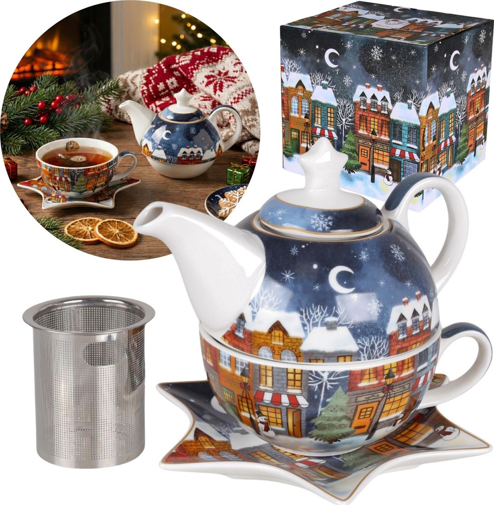 CHRISTMAS CITY Teeset: Porzellan-Tasse 300 ml mit 350-ml-Kanne, Untertasse und Teesieb – Perfektes Weihnachtsgeschenk
