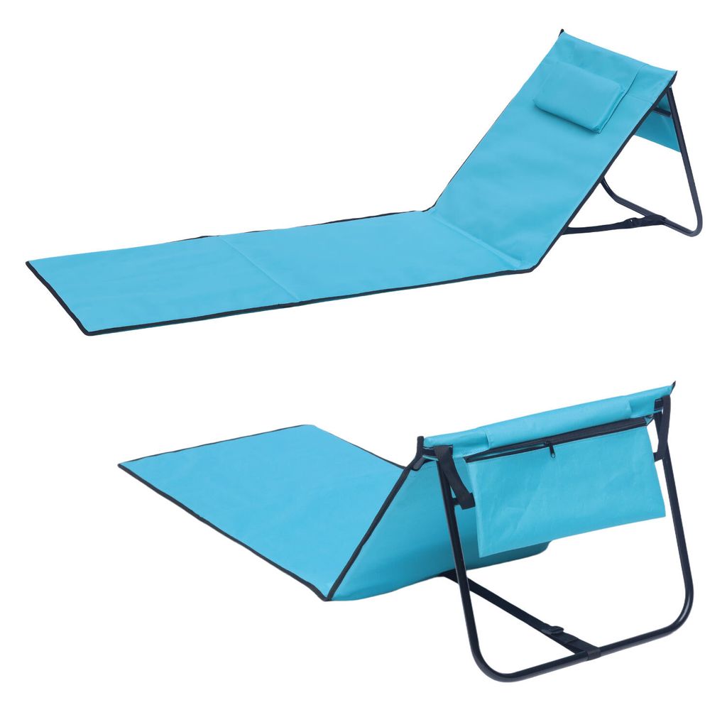 Two views of a light blue foldable beach mat/lounger with a pillow and a storage pocket.
