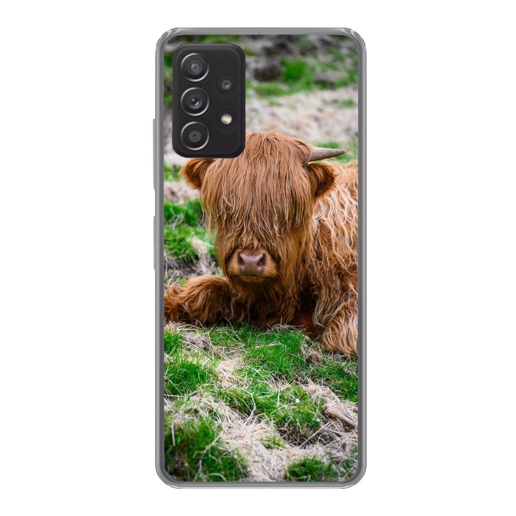 MuchoWow Handyhülle Schutzhülle Hülle für Samsung Galaxy A53 5G Schottischer Highlander - Heu - Gras Silikon Softcase Handy Hülle - Schutzab...