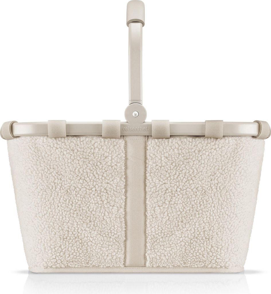 A cream-colored teddy fleece basket with a beige handle and straps, shown against a white background.