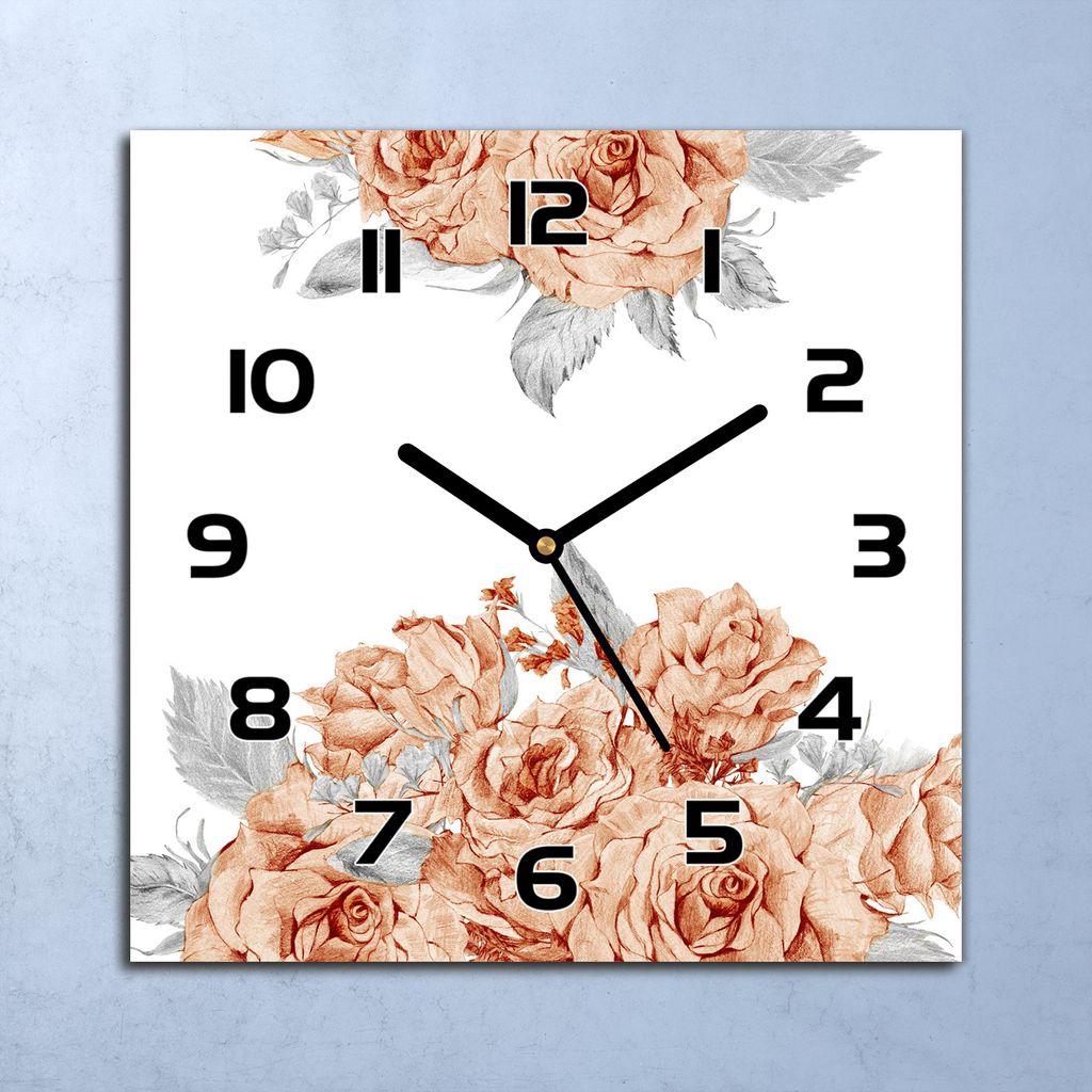 Wanduhr Echt-Glas-Küchenuhr Blühende Rose Quarz Lautlos 30x30 Deko Bilder