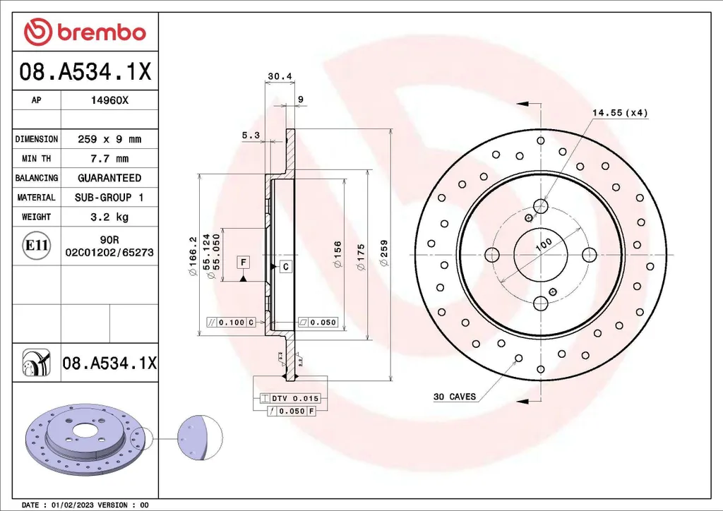 Brembo 08.A534.1X Disque de frein Xtra pour Toyota Yaris et IQ Perforé