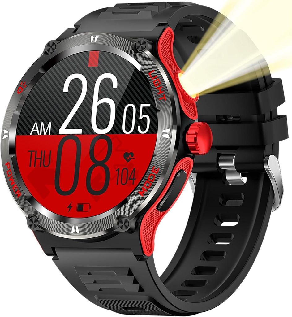 Smartwatch Kompass Militär Uhr, Robust Smart Watch mit LED Taschenlampe Telefonfunktion 24H Herzfrequenz Outdoor Fitnessuhr für Android iOS