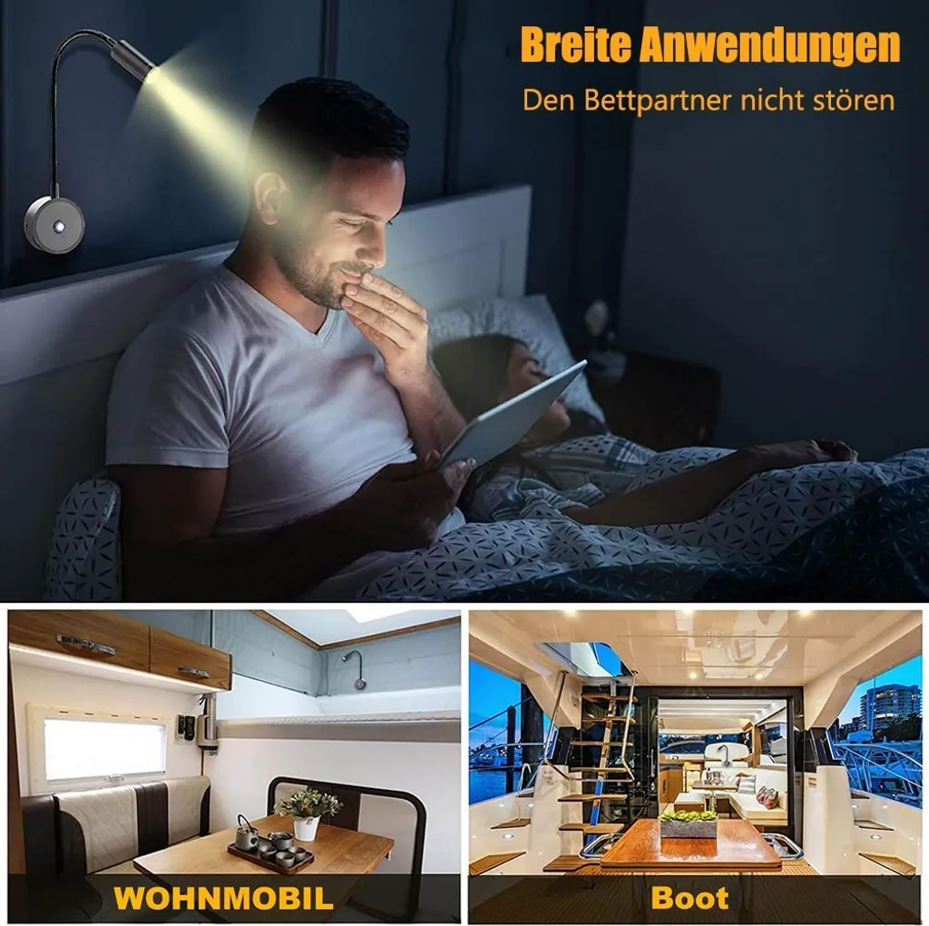 2 Lampade LED da Parete per Interni Camper - Luce Notte Touch con USB - 4