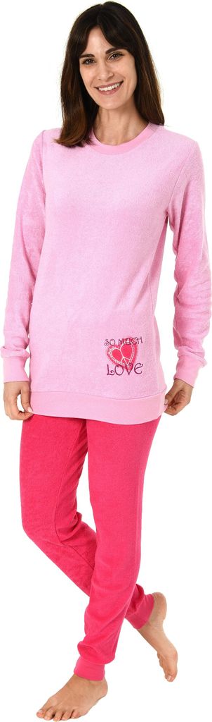 Damen Frottee Pyjama langarm Schlafanzug mit Bündchen und Herz Motiv - 61695 ; rosa , 48/50