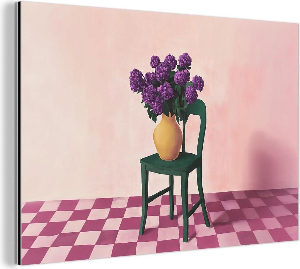 MuchoWow Wanddekoration Metall Metallbild Wandkunst 30x20 cm Stuhl - Vase - Blumen - Blockiert MuchoWow Aluminium Gemälde - Aluminiumgemälder