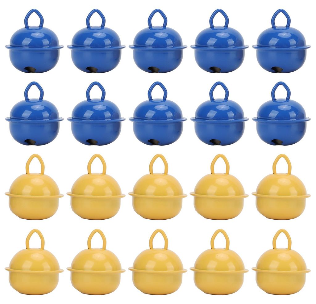 20 Stück Jingle Bells, ca. 2,3 cm, gelb und blau, langlebig, umweltfreundlich, Weihnachtsglocke für Party, Hochzeit
