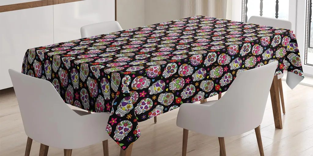 ABAKUHAUS Tovaglia con teschi di zucchero, Ognissanti Fiori colorati Teschi Fiori su sfondo scuro Stampa, 140 x 200 cm, Multicolore
