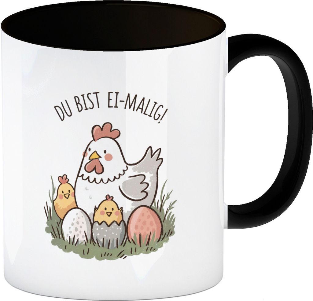 Henne mit Küken Du bist Ei-Malig! Kaffeebecher in schwarz