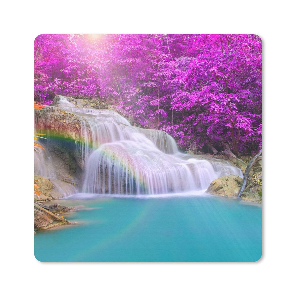 MuchoWow Mauspad Mousepad Wasserfall - Bäume - Regenbogen - Lila 30x30 cm - Mousepads - Maus Mat - Pad - Mausunterlage - Gaming