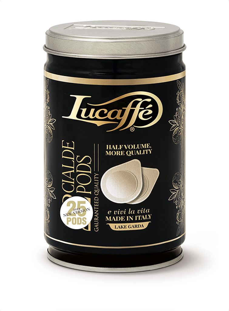 A black tin can of Lucaffé coffee pods with gold lettering and decorative elements.