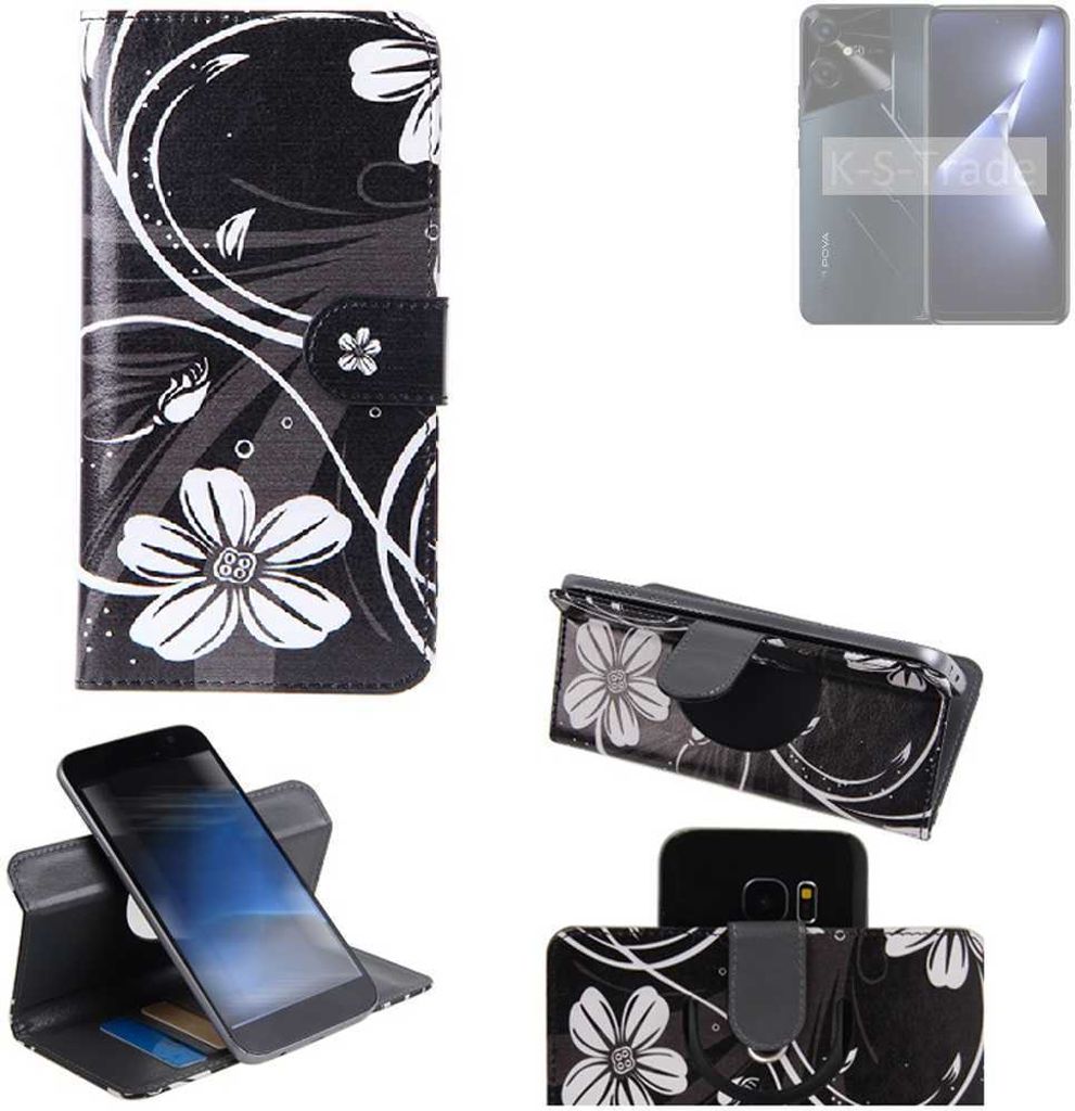 K-S-Trade Schutzhülle Handyhülle kompatibel mit Tecno Pova Neo 3 Hülle 360° Wallet Case “Flowers“ Klapphülle Hülle schwarz-weiß 1x
