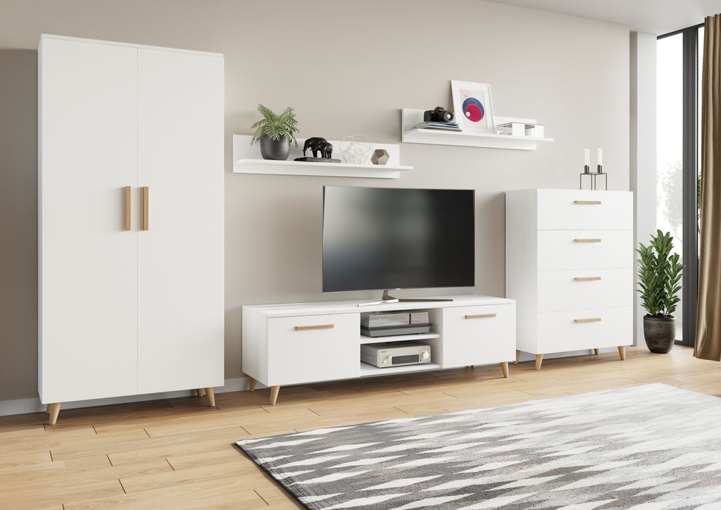 Wohnwand Nord 2 Per La Vita, Schrankwand Wohnzimmer Modern, Wohnzimmerschrank mit Fernsehtisch, Sideboard und Wandregal, Kleiderschrank Weiß