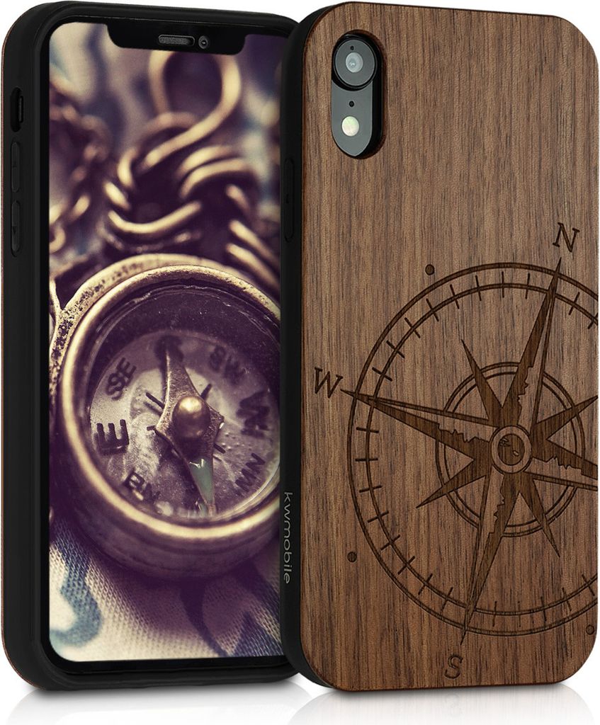 kwmobile Hülle kompatibel mit Apple iPhone XR Hülle - Holz Case - Handy Cover - TPU Handyhülle in Dunkelbraun Kompass Vintage