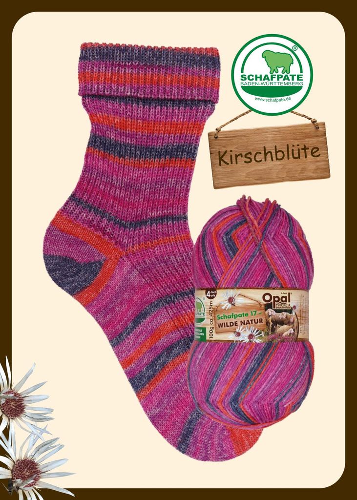 Opal Sockenwolle Schafpate 17 Wilde Natur 4-fädig 100g/425m LL 75% Schurwolle/25% Polyamid NS 2-3 11593 Kirschblüte