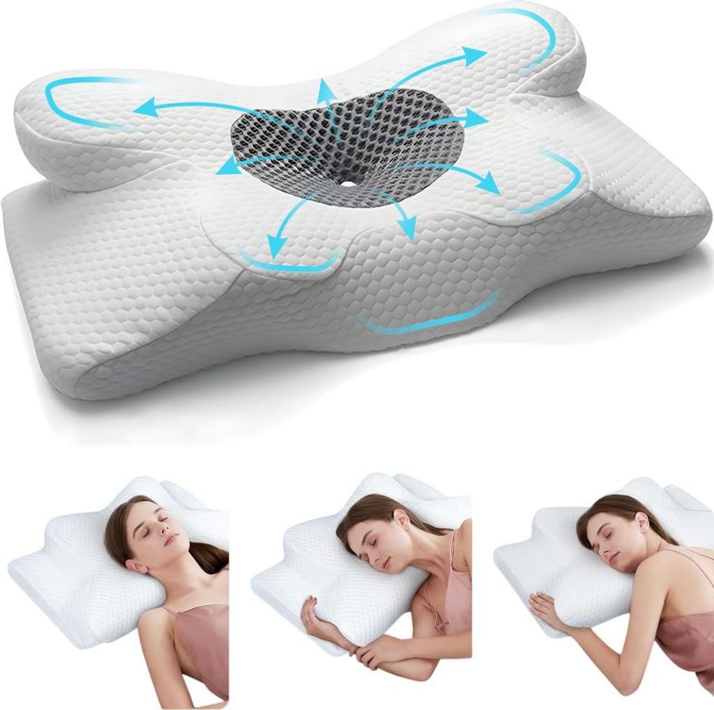 A collage showing an orthopedic pillow with diagrams and people using it.