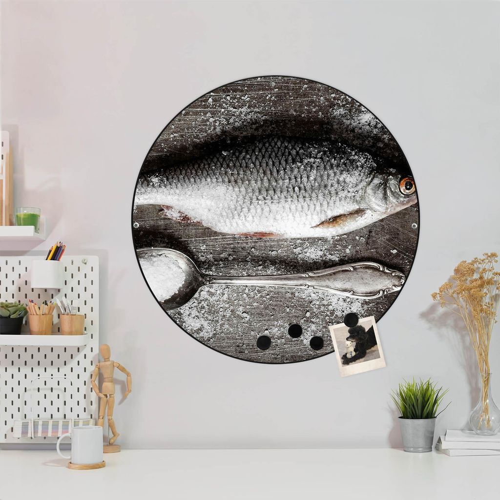 Design Stahlmagnettafel Schwarz Rund 47cm Fisch Und Salz