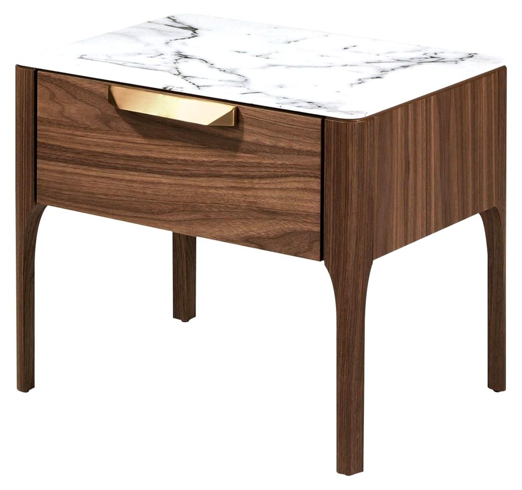 Nachttisch aus Nussbaumholz mit Calacatta-Glasplatte - Modernes Design mit Soft-Close-Schublade und Kupfergriff aus Stahl - 55 x 40 x 44 cm