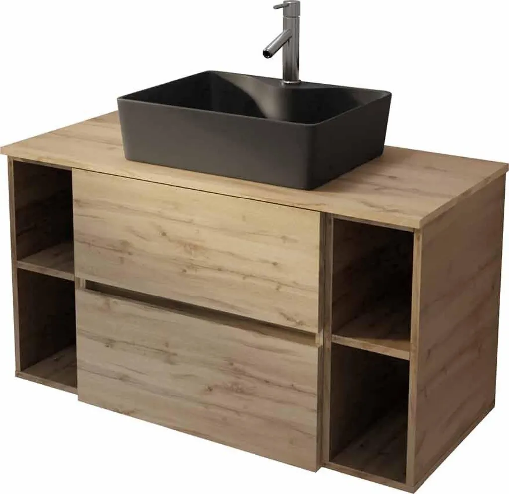 Meuble de salle de bains 100cm TIMBER Chêne - Double Tiroir et Vasque