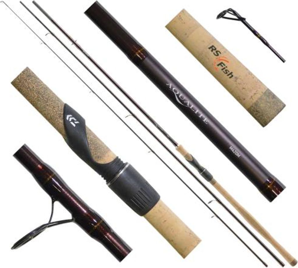 A collection of fishing rods and components arranged on a white background.