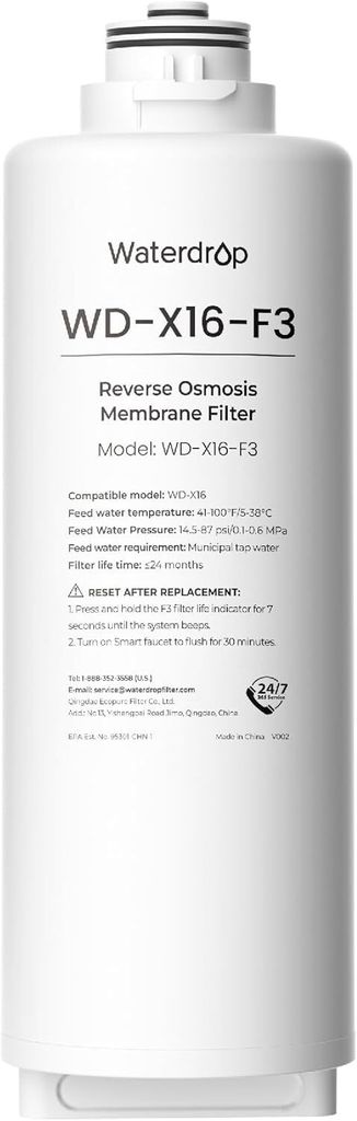 Waterdrop WD-X16-F3 Filter, Ersatz für WD-X16 1600 GPD Umkehrosmose-System, 24 Monate Lebensdauer, reduziert PFAS