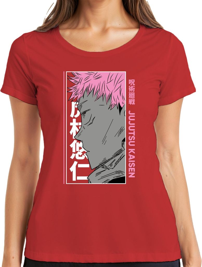 Jujutsu Kaisen Yuji Itadori Anime Porträt rosa Haare Manga Fan Damen T-Shirt, Rot, L