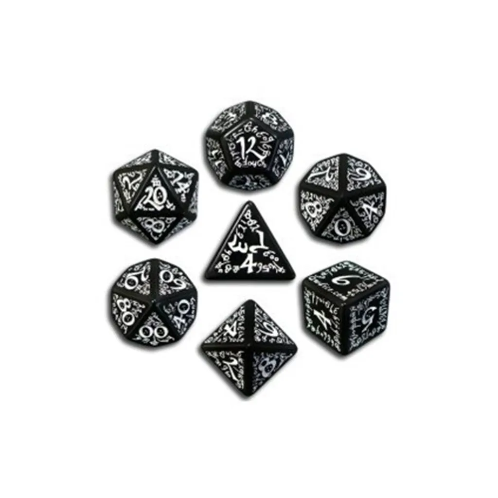Set de 7 Dés Polyédriques Elfiques Noirs et Blancs pour Jeux de Rôle JDR