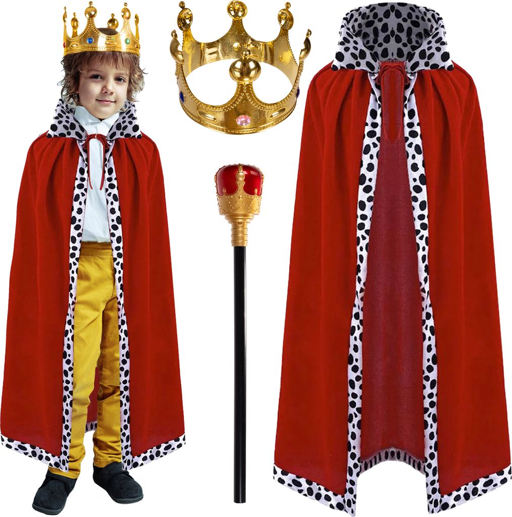 A child dressed as a king, wearing a crown, cape, and holding a scepter, with additional costume pieces displayed separately.