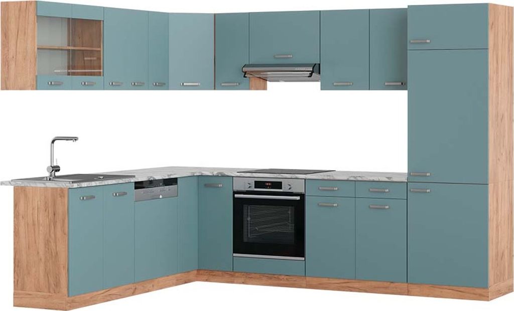 Eckküche Vicco R-Line Blau-Grau/Goldkraft Eiche 287 x 60 cm , AP Marmor, Model 43241