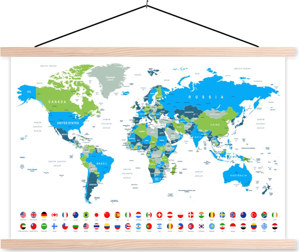 MuchoWow Textilposter Weltkarte - Flagge - Blau - Grün 60x40 cm mit holzfarbenen Rahmen - Bilder