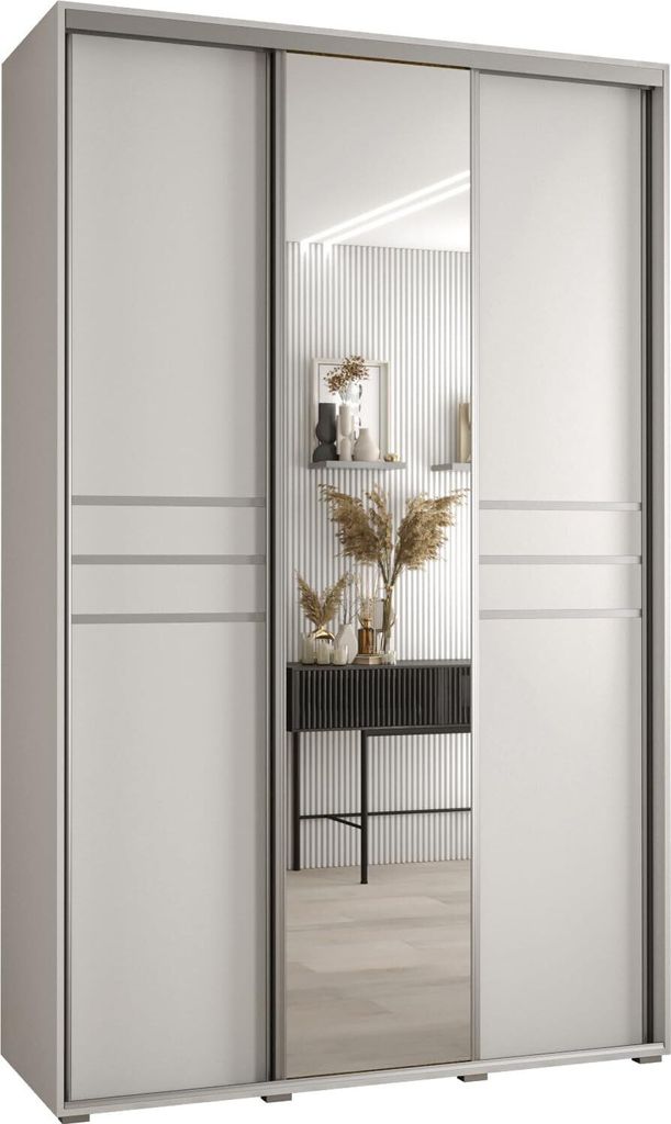 MEBLE KRYSPOL Cannes 11 Schrank mit 3 Schiebetüren - 205,2x150x45 cm - Weiß Weiß Silber