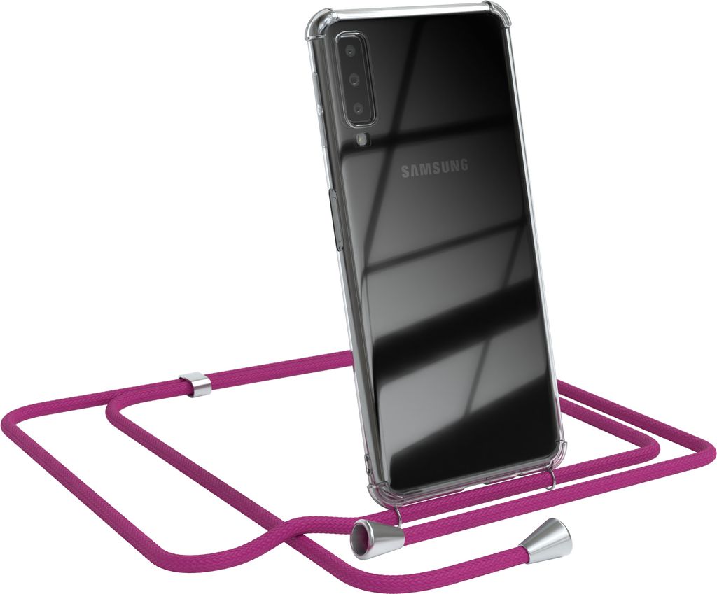 EAZY CASE Handykette kompatibel mit Samsung Galaxy A7 2018, Handyhülle mit Umhängeband, Handykordel, Schutzhülle Clear, Band in Rosa
