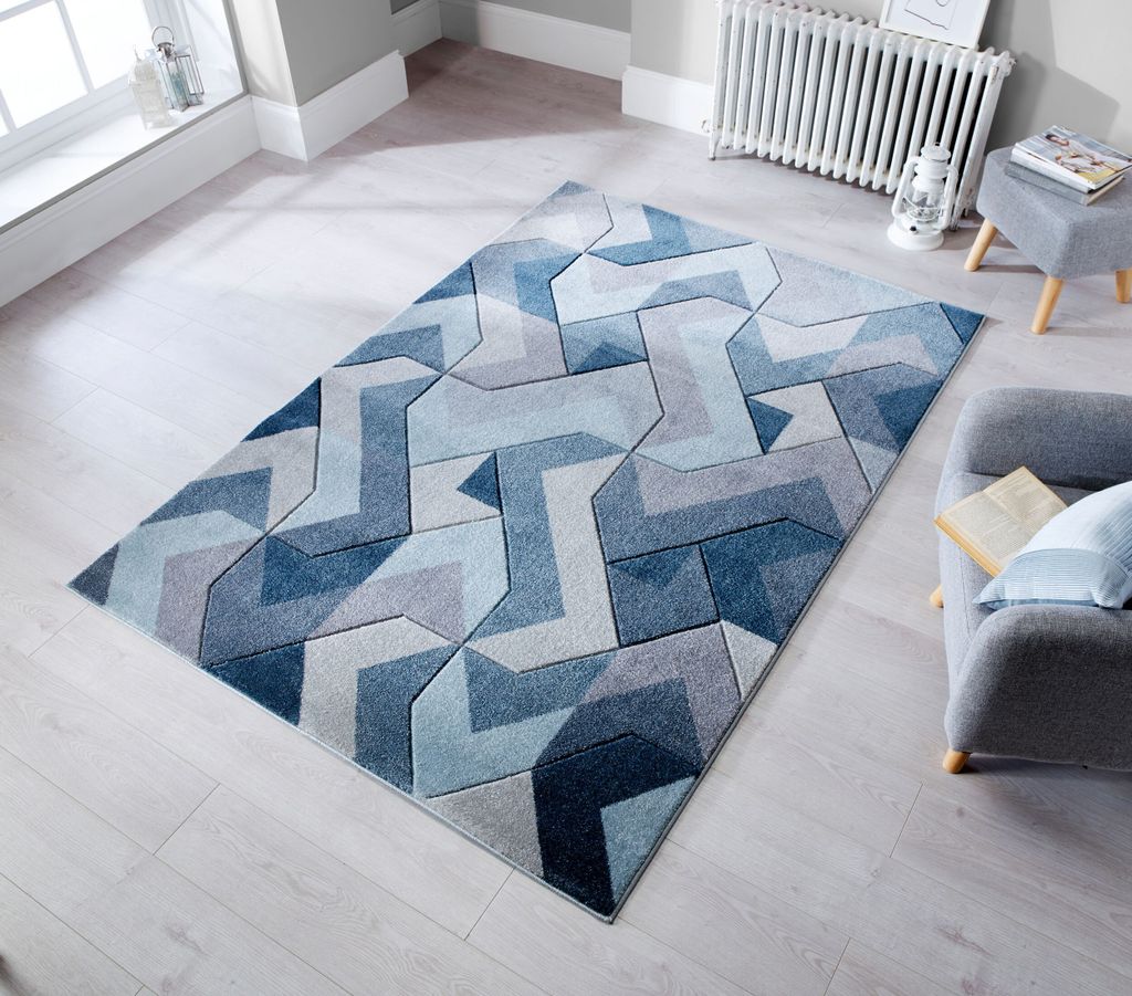 Teppich Mittelflor Geometrisch Polypropylen Blau 120x170 cm Wohnzimmer Schlafzimmer Modern NIDD | Kadima Design