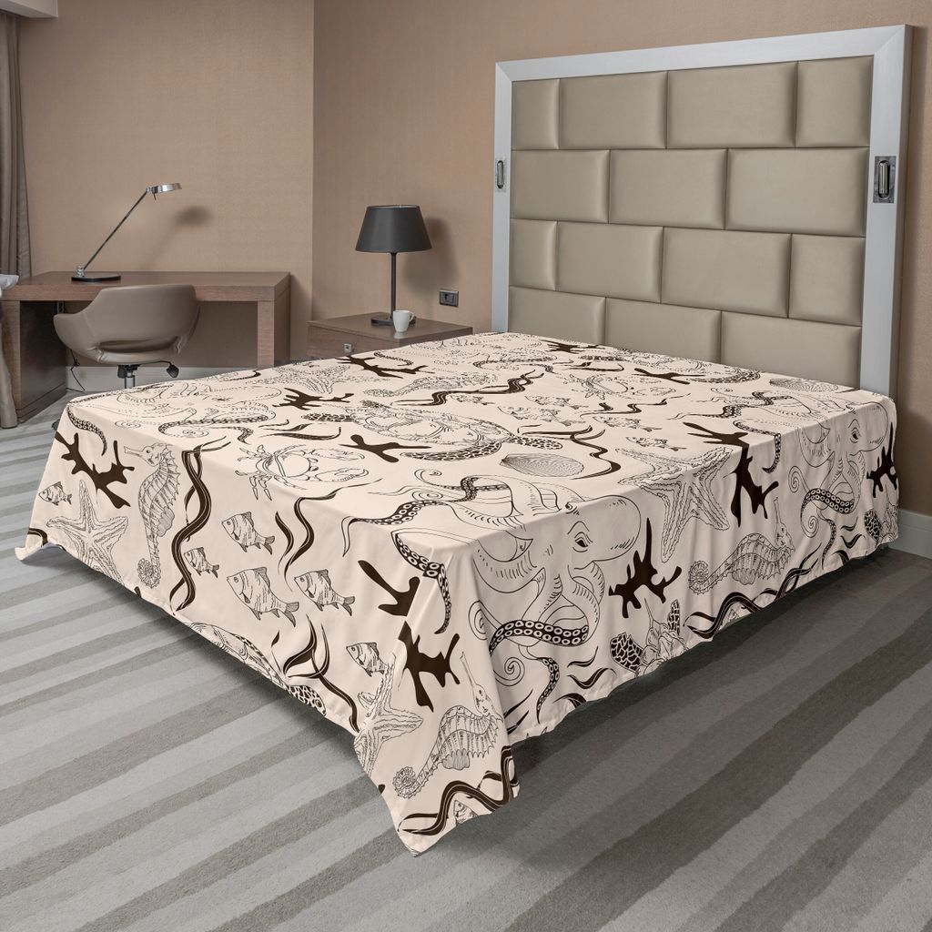 ABAKUHAUS Beige Bettlaken, Moderne Illustration Von Meerestieren Im Retro Stil Octopus Crab Seahorse Art, weiches bequemes oberes Bettlaken für ei...